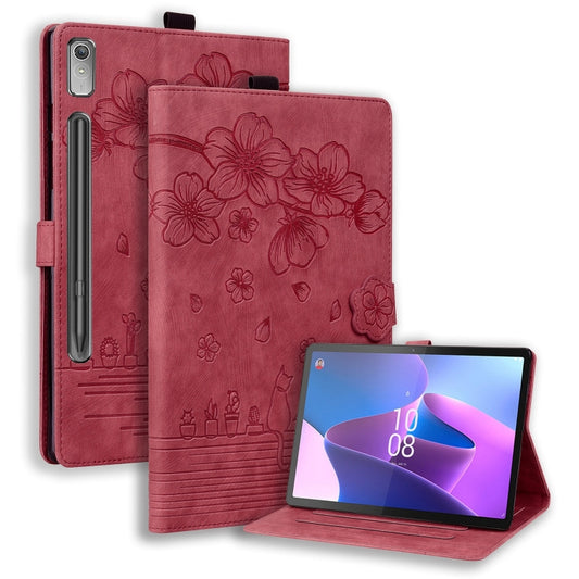 For Lenovo Xiaoxin Pad Pro 2022 / P11 Pro 2 Cartoon Sakura Cat Embossed Leather Tablet Case(Red) - Lenovo by PMC Jewellery | Online Shopping South Africa | PMC Jewellery | Buy Now Pay Later Mobicred