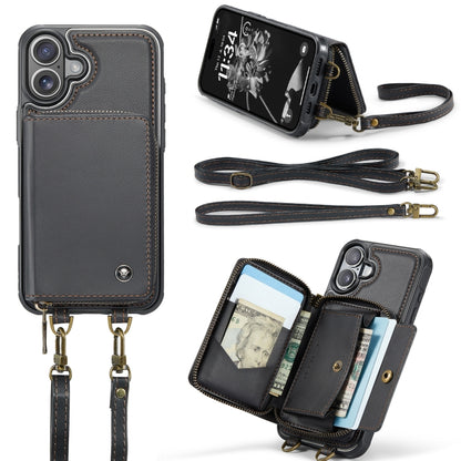 For iPhone 16 JEEHOOD C22 Series Zipper Wallet Leather Phone Case with Dual Lanyard(Black) - iPhone 16 Cases by JEEHOOD | Online Shopping South Africa | PMC Jewellery | Buy Now Pay Later Mobicred