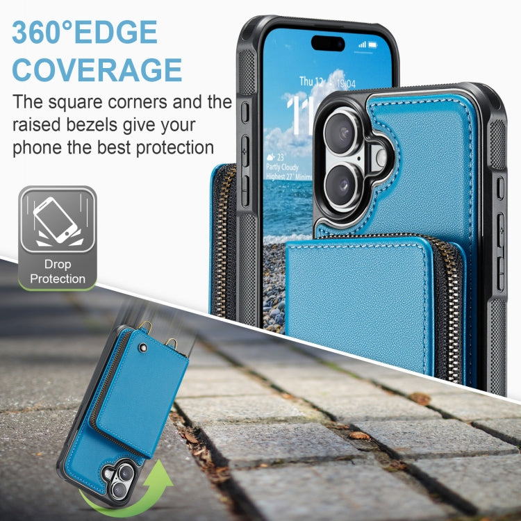 For iPhone 16 JEEHOOD C22 Series Zipper Wallet Leather Phone Case with Dual Lanyard(Blue) - iPhone 16 Cases by JEEHOOD | Online Shopping South Africa | PMC Jewellery | Buy Now Pay Later Mobicred