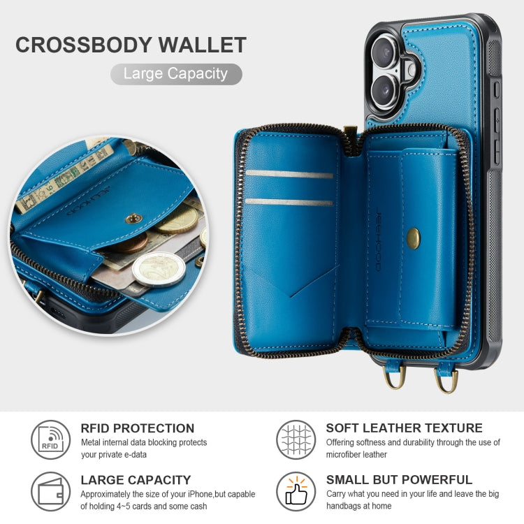 For iPhone 16 JEEHOOD C22 Series Zipper Wallet Leather Phone Case with Dual Lanyard(Blue) - iPhone 16 Cases by JEEHOOD | Online Shopping South Africa | PMC Jewellery | Buy Now Pay Later Mobicred