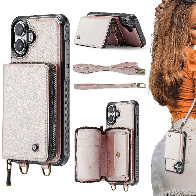 For iPhone 16 JEEHOOD C22 Series Zipper Wallet Leather Phone Case with Dual Lanyard(Rose Gold) - iPhone 16 Cases by JEEHOOD | Online Shopping South Africa | PMC Jewellery | Buy Now Pay Later Mobicred