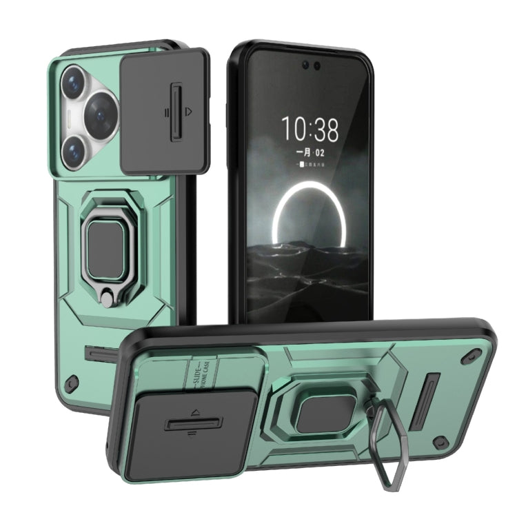 For Huawei Pura 70 Sliding Camshield TPU + PC Shockproof Phone Case with Holder(Green) - Huawei Cases by PMC Jewellery | Online Shopping South Africa | PMC Jewellery | Buy Now Pay Later Mobicred