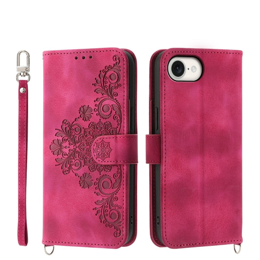 For iPhone 16e Skin-feel Flowers Embossed Wallet Leather Phone Case(Wine Red) - iPhone 16e Cases by PMC Jewellery | Online Shopping South Africa | PMC Jewellery | Buy Now Pay Later Mobicred