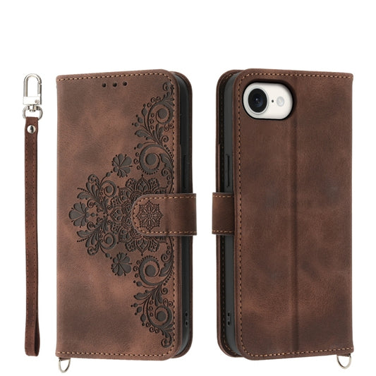 For iPhone 16e Skin-feel Flowers Embossed Wallet Leather Phone Case(Brown) - iPhone 16e Cases by PMC Jewellery | Online Shopping South Africa | PMC Jewellery | Buy Now Pay Later Mobicred