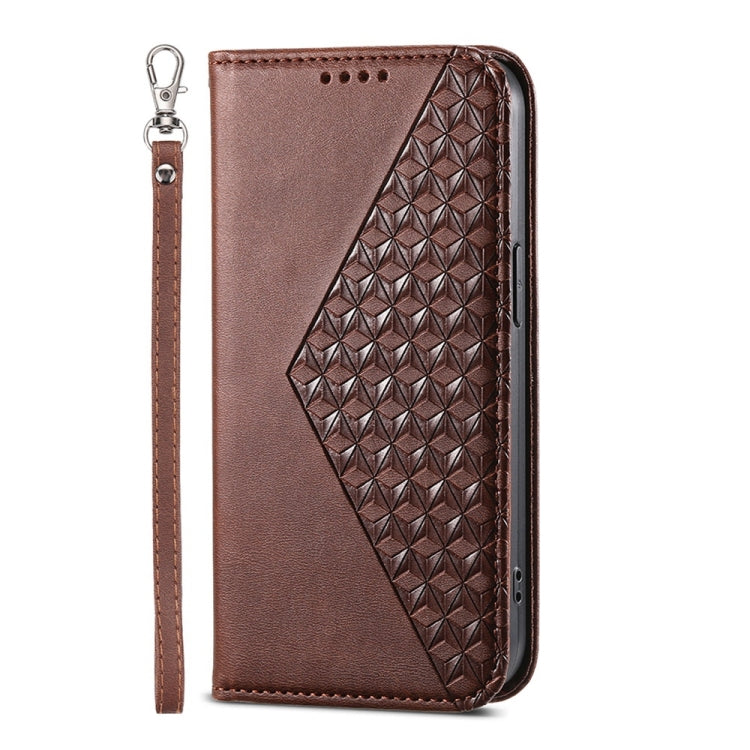 For iPhone 16e Cubic Grid Calf Texture Magnetic Leather Phone Case(Brown) - iPhone 16e Cases by PMC TechLife | Online Shopping South Africa | PMC TechLife | Buy Now Pay Later Mobicred