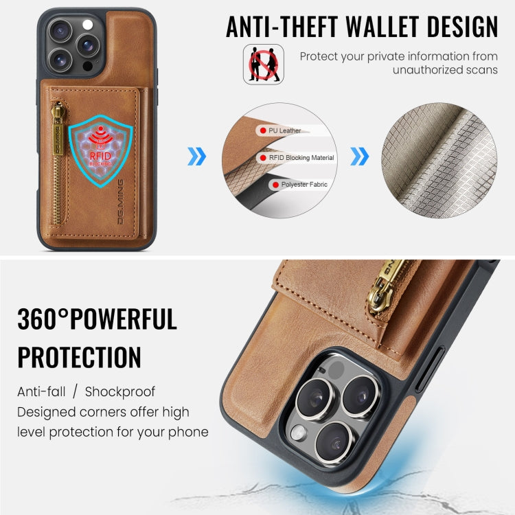 For iPhone 16 Pro DG.MING M5 Series Zip RFID Multi Card Detachable Leather Phone Case(Brown) - iPhone 16 Pro Cases by DG.MING | Online Shopping South Africa | PMC Jewellery | Buy Now Pay Later Mobicred