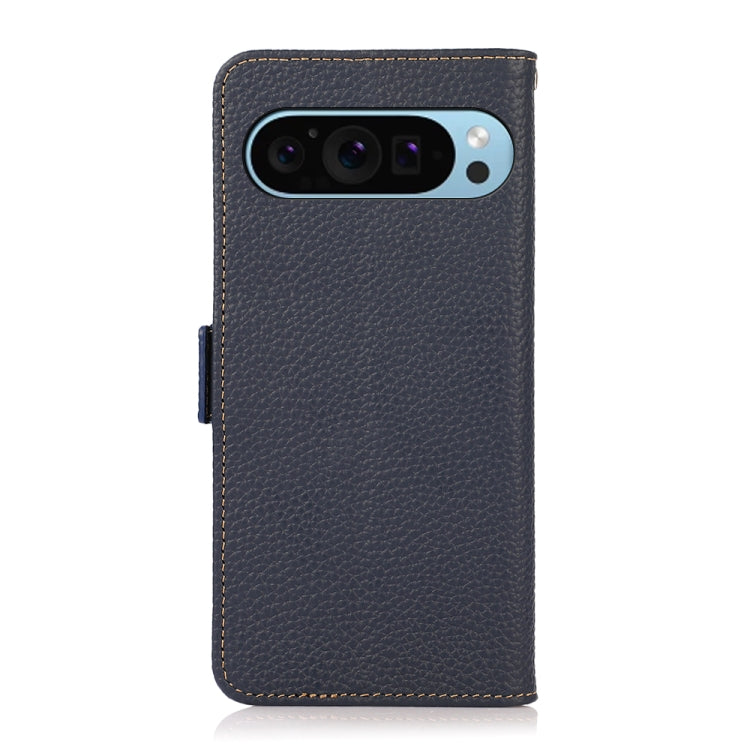 For Google Pixel 9 KHAZNEH Side-Magnetic Litchi Genuine Leather RFID Phone Case(Blue) - Google Cases by PMC Jewellery | Online Shopping South Africa | PMC Jewellery | Buy Now Pay Later Mobicred