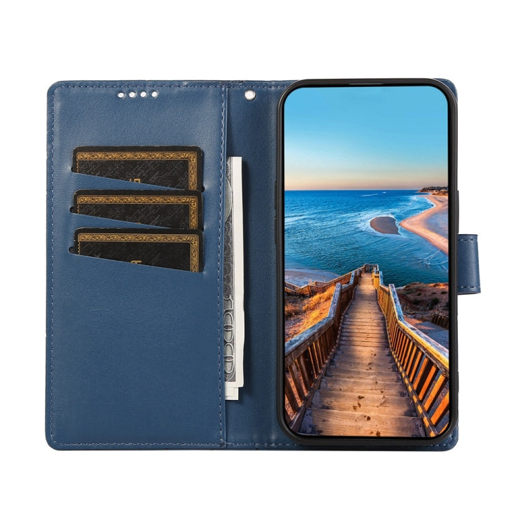 For iPhone 16e PU Genuine Leather Texture Embossed Line Phone Case(Blue) - iPhone 16e Cases by PMC TechLife | Online Shopping South Africa | PMC TechLife | Buy Now Pay Later Mobicred