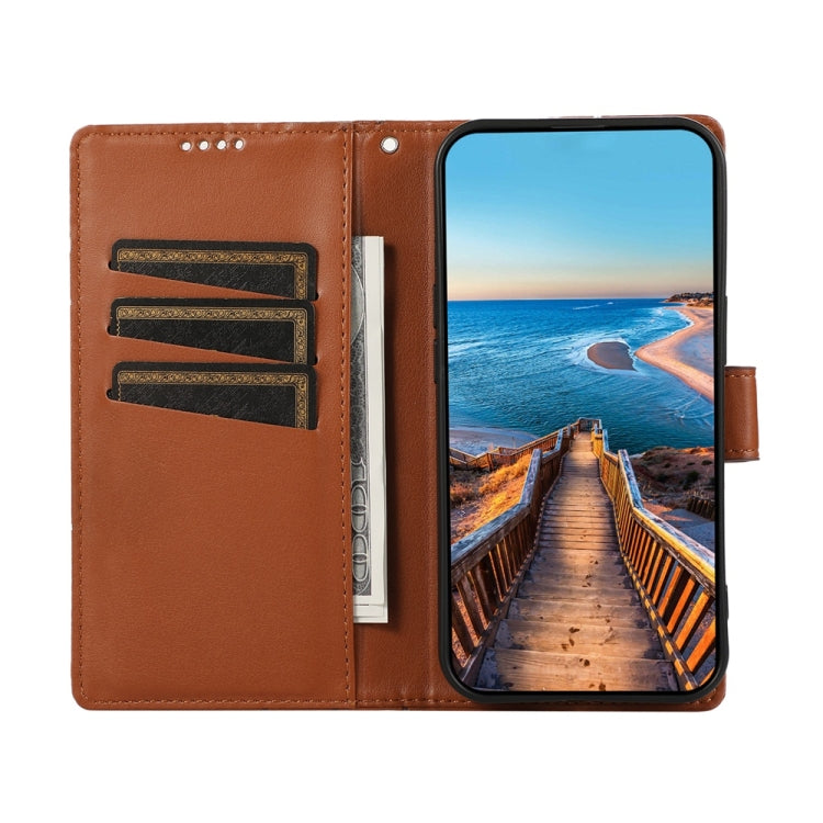 For iPhone 16e PU Genuine Leather Texture Embossed Line Phone Case(Brown) - iPhone 16e Cases by PMC TechLife | Online Shopping South Africa | PMC TechLife | Buy Now Pay Later Mobicred