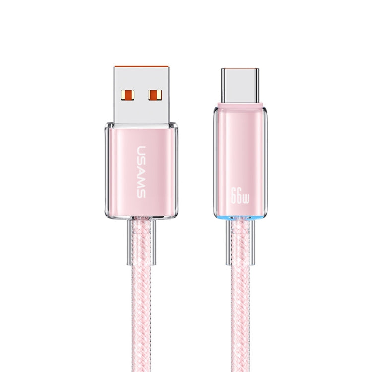 USAMS USB To Type-C 6A Aluminum Alloy Clear LED Fast Charge Data Cable, Length: 1.2m(Pink) - Multifunction Cable by USAMS | Online Shopping South Africa | PMC Jewellery | Buy Now Pay Later Mobicred