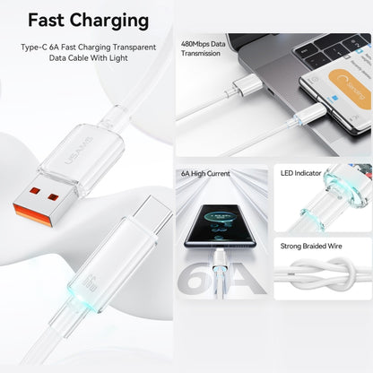 USAMS USB To Type-C 6A Aluminum Alloy Clear LED Fast Charge Data Cable, Length: 1.2m(White) - Multifunction Cable by USAMS | Online Shopping South Africa | PMC Jewellery | Buy Now Pay Later Mobicred