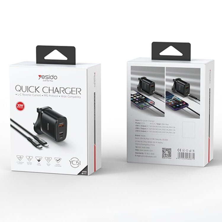 Yesido YC51 30W USB-C / Type-C + USB + 8 Pin Travel Charger with 1m Type-C to 8 Pin Cable, UK Plug(Black) - USB Charger by Yesido | Online Shopping South Africa | PMC Jewellery | Buy Now Pay Later Mobicred