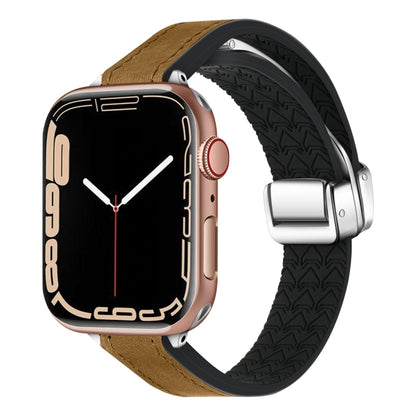 For Apple Watch Series 9 45mm Magnetic Folding Leather Silicone Watch Band(Crazy Horse Brown) - Watch Bands by PMC Jewellery | Online Shopping South Africa | PMC Jewellery