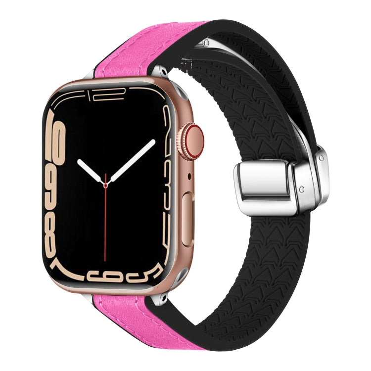 For Apple Watch Series 8 45mm Magnetic Folding Leather Silicone Watch Band(Rose Pink on Black) - Watch Bands by PMC Jewellery | Online Shopping South Africa | PMC Jewellery