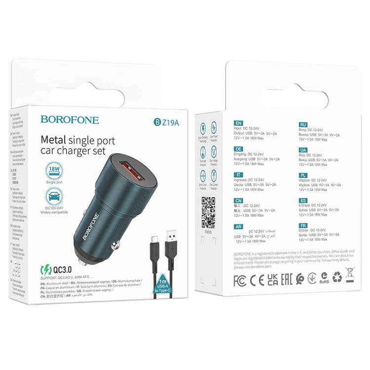 BOROFONE BZ19A Wisdom QC3.0 USB Port Fast Charging Car Charger with USB to Type-C Cable(Blue) - Car Charger by Borofone | Online Shopping South Africa | PMC Jewellery | Buy Now Pay Later Mobicred