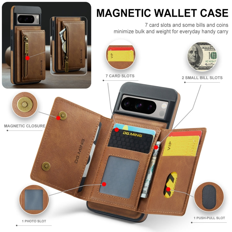 For Google Pixel 8 Pro DG.MING M5 Series Zip RFID Multi Card Detachable Leather Phone Case(Brown) - Google Cases by DG.MING | Online Shopping South Africa | PMC TechLife | Buy Now Pay Later Mobicred