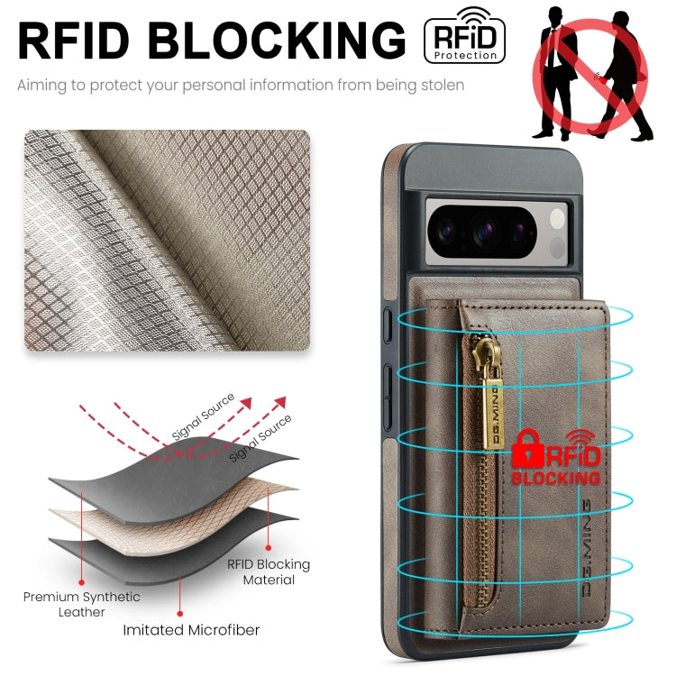 For Google Pixel 8 Pro DG.MING M5 Series Zip RFID Multi Card Detachable Leather Phone Case(Coffee) - free shipping - PMC TechLife - Order now!