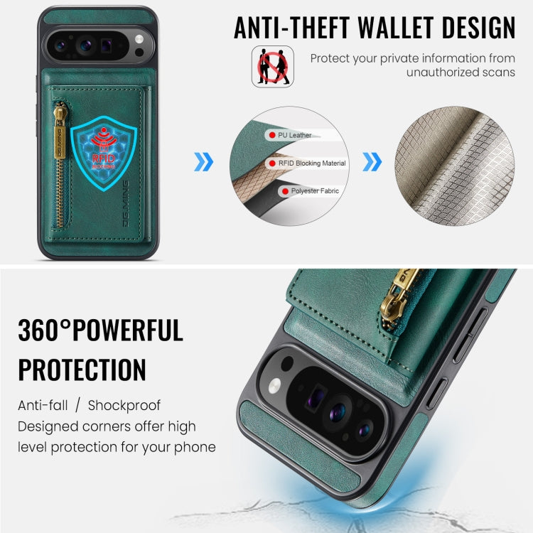 For Google Pixel 9 Pro XL DG.MING M5 Series Zip RFID Multi Card Detachable Leather Phone Case(Green) - Google Cases by DG.MING | Online Shopping South Africa | PMC Jewellery | Buy Now Pay Later Mobicred