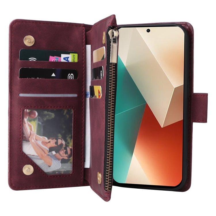 For Xiaomi Redmi Note 13 5G Multifunctional Frosted Zipper Wallet Leather Phone Case(Wine Red) - Note 13 Cases by PMC Jewellery | Online Shopping South Africa | PMC Jewellery | Buy Now Pay Later Mobicred