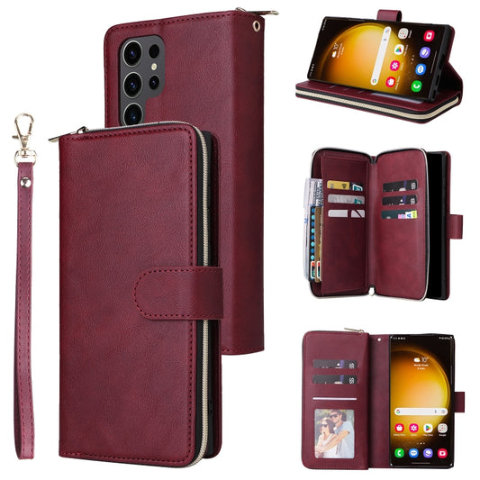 For Samsung Galaxy S24 Ultra 5G 9-Card Slots Zipper Wallet Bag Leather Phone Case(Wine Red) - Galaxy S24 Ultra 5G Cases by PMC Jewellery | Online Shopping South Africa | PMC Jewellery | Buy Now Pay Later Mobicred