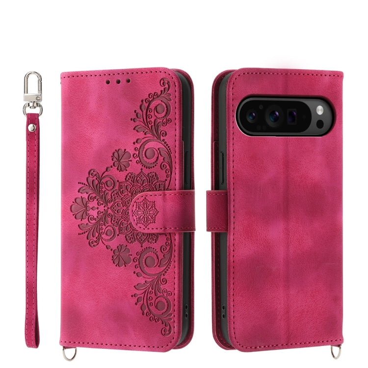 For Google Pixel 9 Pro Skin-feel Flowers Embossed Wallet Leather Phone Case(Wine Red) - Google Cases by PMC Jewellery | Online Shopping South Africa | PMC Jewellery | Buy Now Pay Later Mobicred