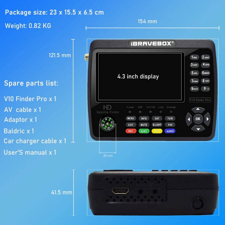 iBRAVEBOX V10 Finder Max 4.3 inch Display Digital Satellite Meter Signal Finder, Support DVB-S/S2/S2X, Plug Type:EU Plug(Black) - Satellite Finder by PMC Jewellery | Online Shopping South Africa | PMC Jewellery | Buy Now Pay Later Mobicred