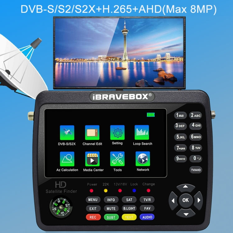 iBRAVEBOX V10 Finder Max+ 4.3 inch Display Digital Satellite Meter Signal Finder, Support DVB-S/S2/S2X AHD, Plug Type:UK Plug(Black) - Satellite Finder by PMC Jewellery | Online Shopping South Africa | PMC Jewellery | Buy Now Pay Later Mobicred