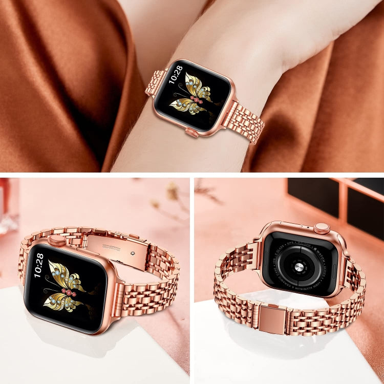 For Apple Watch Series 6 40mm Slim Seven Bead Slingshot Buckle Metal Watch Band(Rose Gold) - Watch Bands by PMC Jewellery | Online Shopping South Africa | PMC Jewellery