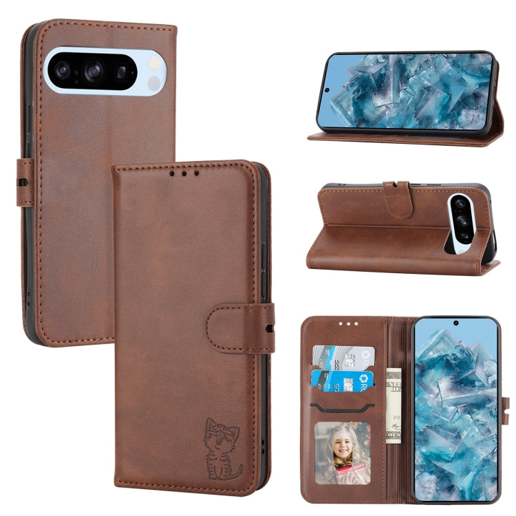 For Google Pixel 9 Embossed Happy Cat Pattern Flip Leather Phone Case(Brown) - Google Cases by PMC Jewellery | Online Shopping South Africa | PMC Jewellery | Buy Now Pay Later Mobicred