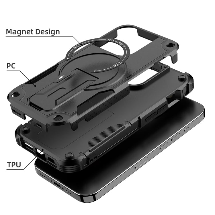 For iPhone 15 Pro MagSafe Holder Armor PC Hybrid TPU Phone Case(Black) - iPhone 15 Pro Cases by PMC TechLife | Online Shopping South Africa | PMC TechLife | Buy Now Pay Later Mobicred