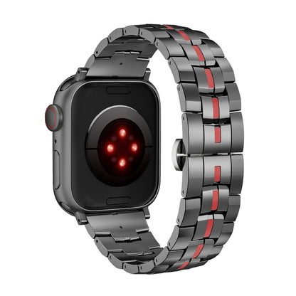 For Apple Watch SE 2023 44mm Butterfly Buckle 5-Beads Metal Watch Band(Black Red) - Watch Bands by PMC Jewellery | Online Shopping South Africa | PMC Jewellery