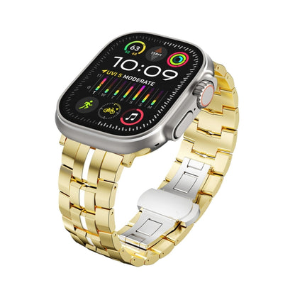 For Apple Watch Ultra 49mm Butterfly Buckle 5-Beads Metal Watch Band(Gold White) - Watch Bands by PMC Jewellery | Online Shopping South Africa | PMC Jewellery