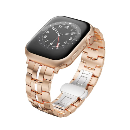 For Apple Watch Series 8 41mm Butterfly Buckle 5-Beads Metal Watch Band(Rose Gold White) - Watch Bands by PMC Jewellery | Online Shopping South Africa | PMC Jewellery