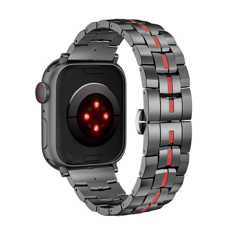 For Apple Watch Series 4 44mm Butterfly Buckle 5-Beads Metal Watch Band(Black Red) - Watch Bands by PMC Jewellery | Online Shopping South Africa | PMC Jewellery