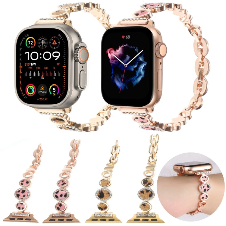 For Apple Watch 42mm Leopard Rhinestones Metal Chain Watch Band(Rose Gold) - Watch Bands by PMC Jewellery | Online Shopping South Africa | PMC Jewellery