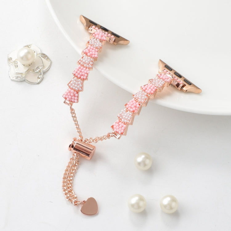 For Apple Watch Series 9 45mm Shell Beads Chain Bracelet Metal Watch Band(Pink White Rose Gold) - Watch Bands by PMC Jewellery | Online Shopping South Africa | PMC Jewellery