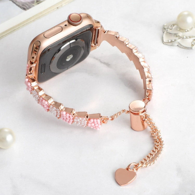 For Apple Watch Series 9 41mm Shell Beads Chain Bracelet Metal Watch Band(Pink White Rose Gold) - Watch Bands by PMC Jewellery | Online Shopping South Africa | PMC Jewellery