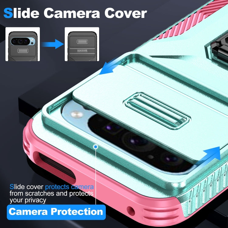 For Google Pixel 9 / Pixel 9 Pro Sliding Camshield Holder Phone Case(Grey Green + Pink) - Google Cases by PMC Jewellery | Online Shopping South Africa | PMC Jewellery | Buy Now Pay Later Mobicred