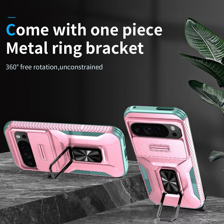 For Google Pixel 9 Pro XL Sliding Camshield Holder Phone Case(Pink + Grey Green) - Google Cases by PMC TechLife | Online Shopping South Africa | PMC TechLife | Buy Now Pay Later Mobicred
