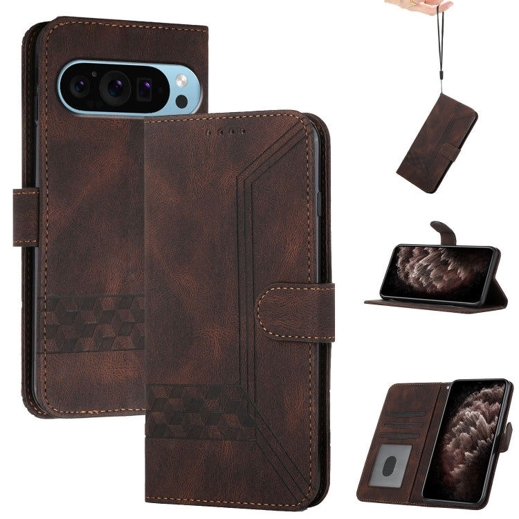 For Google Pixel 9 Pro Cubic Skin Feel Flip Leather Phone Case(Brown) - Google Cases by PMC TechLife | Online Shopping South Africa | PMC TechLife | Buy Now Pay Later Mobicred
