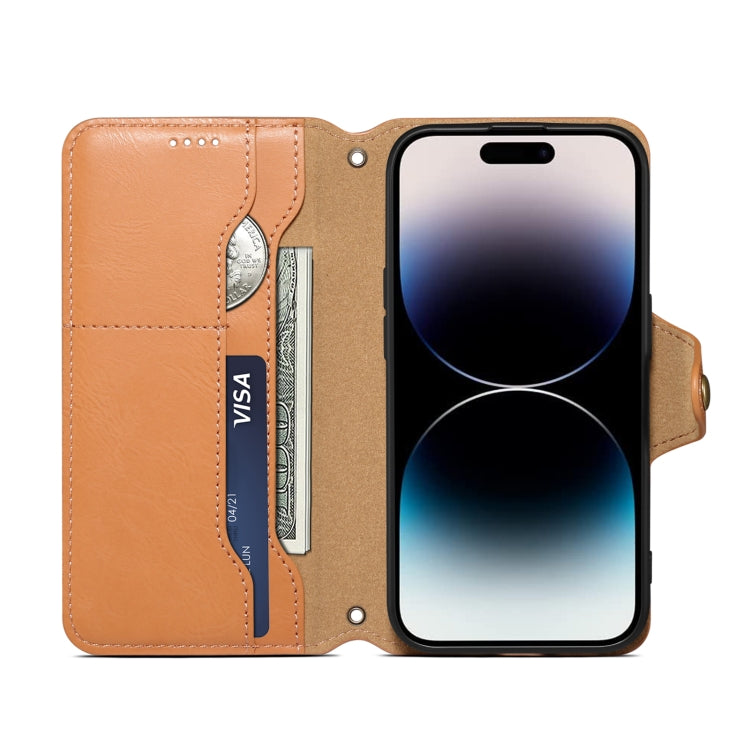 For iPhone 16 Plus Denior Cowhide Texture Wallet Style Leather Phone Case(Khaki) - iPhone 16 Plus Cases by Denior | Online Shopping South Africa | PMC Jewellery | Buy Now Pay Later Mobicred