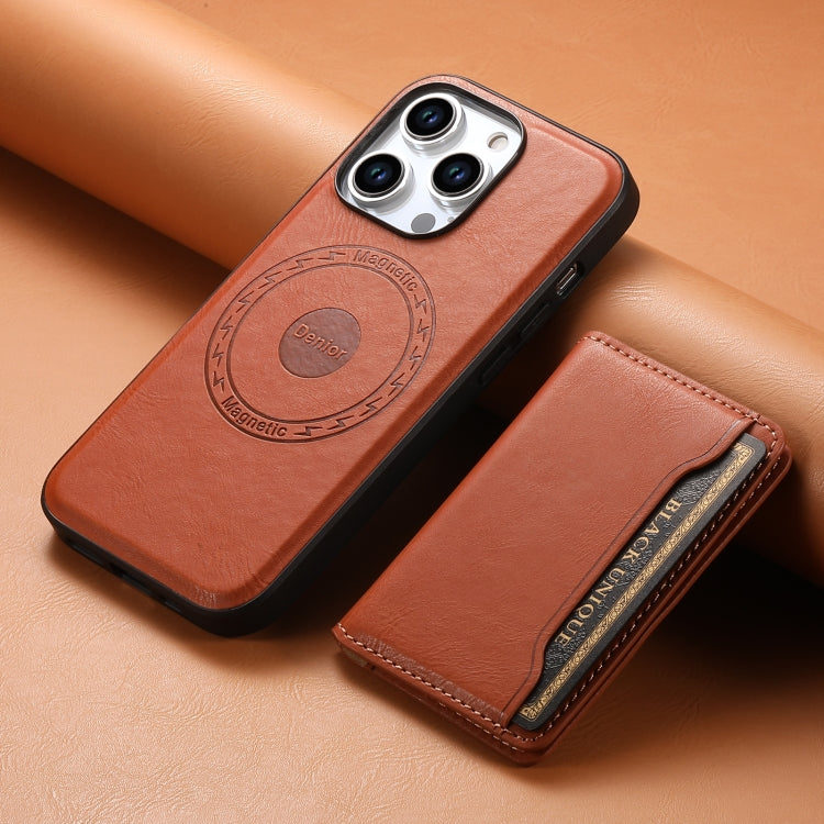 For iPhone 15 Plus Denior Cowhide Texture Leather MagSafe Detachable Wallet Phone Case(Brown) - iPhone 15 Plus Cases by Denior | Online Shopping South Africa | PMC Jewellery | Buy Now Pay Later Mobicred