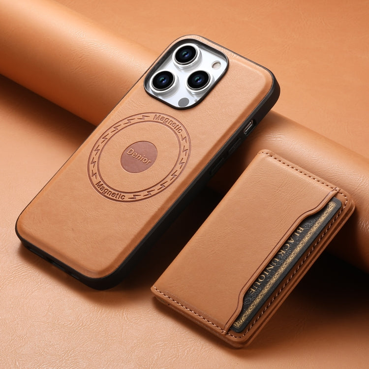 For iPhone 15 Denior Cowhide Texture Leather MagSafe Detachable Wallet Phone Case(Khaki) - iPhone 15 Cases by Denior | Online Shopping South Africa | PMC Jewellery | Buy Now Pay Later Mobicred