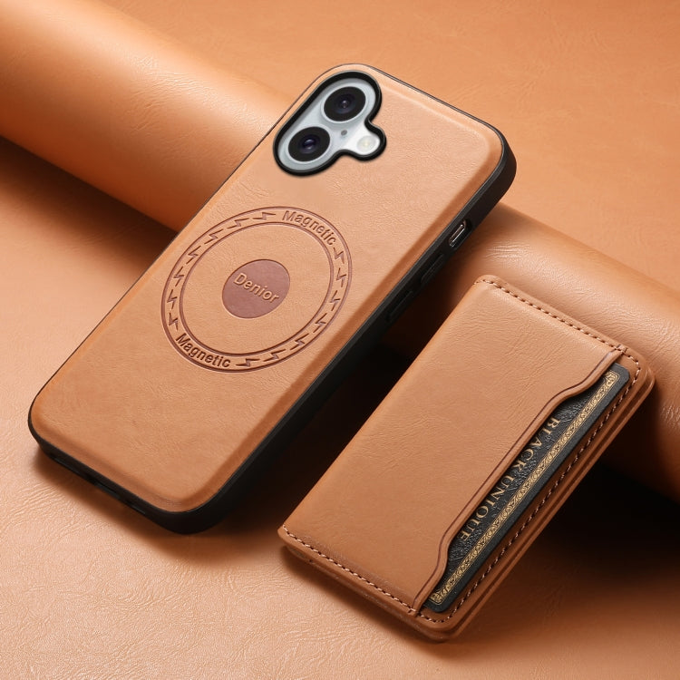 For iPhone 16 Denior Cowhide Texture Leather MagSafe Detachable Wallet Phone Case(Khaki) - iPhone 16 Cases by Denior | Online Shopping South Africa | PMC Jewellery | Buy Now Pay Later Mobicred