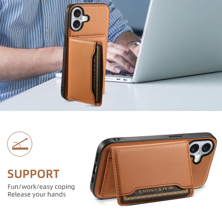 For iPhone 16 Denior Cowhide Texture Leather MagSafe Detachable Wallet Phone Case(Khaki) - iPhone 16 Cases by Denior | Online Shopping South Africa | PMC Jewellery | Buy Now Pay Later Mobicred