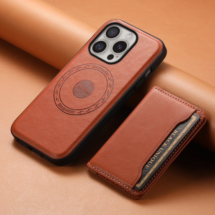 For iPhone 16 Pro Max Denior Cowhide Texture Leather MagSafe Detachable Wallet Phone Case(Brown) - iPhone 16 Pro Max Cases by Denior | Online Shopping South Africa | PMC TechLife | Buy Now Pay Later Mobicred