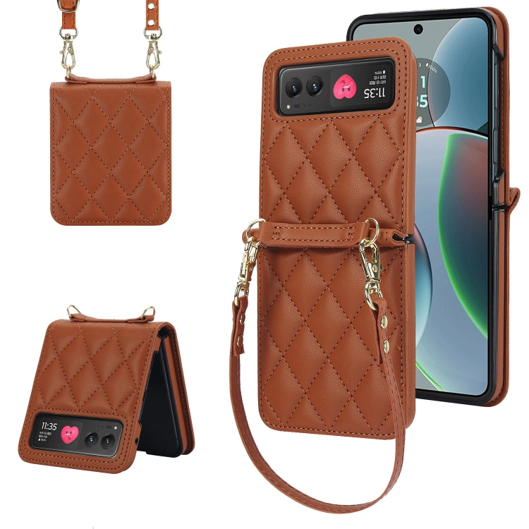 For Motorola Razr 40 Rhombic Texture Phone Case with Long & Short Lanyard(Brown) - Motorola Cases by PMC TechLife | Online Shopping South Africa | PMC TechLife | Buy Now Pay Later Mobicred