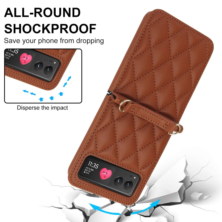 For Motorola Razr 40 Rhombic Texture Phone Case with Long & Short Lanyard(Brown) - Motorola Cases by PMC TechLife | Online Shopping South Africa | PMC TechLife | Buy Now Pay Later Mobicred