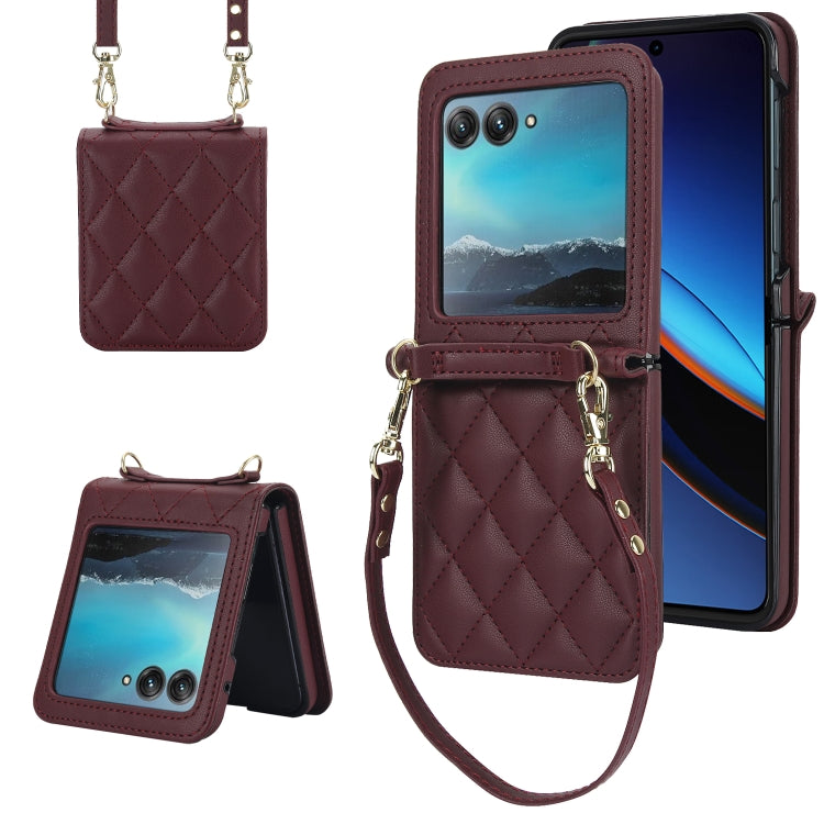 For Motorola Razr 40 Ultra Rhombic Texture Phone Case with Long & Short Lanyard(Wine Red) - Motorola Cases by PMC TechLife | Online Shopping South Africa | PMC TechLife | Buy Now Pay Later Mobicred