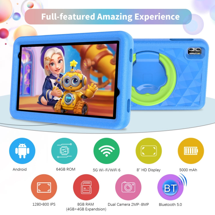 Pritom B8K WiFi Kid Tablet 8 inch,  4GB+64GB, Android 13 Allwinner A523 Octa Core CPU Support Parental Control Google Play(Blue) -  by PRITOM | Online Shopping South Africa | PMC Jewellery | Buy Now Pay Later Mobicred